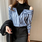 Blusa falsa de dos piezas con hombros descubiertos y rayas